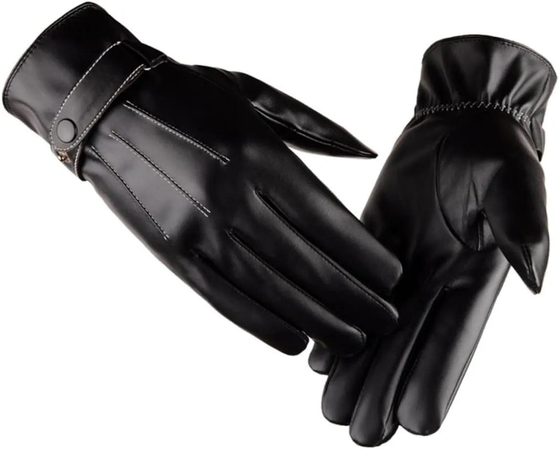 1 Pair Men's Winter Leather Gloves with Touch Screen Capability Thick and Warm for Outdoor Driving and Cycling Cuff Design Black