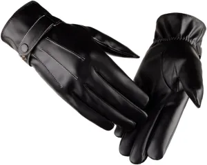 1 Pair Men's Winter Leather Gloves with Touch Screen Capability Thick and Warm for Outdoor Driving and Cycling Cuff Design Black