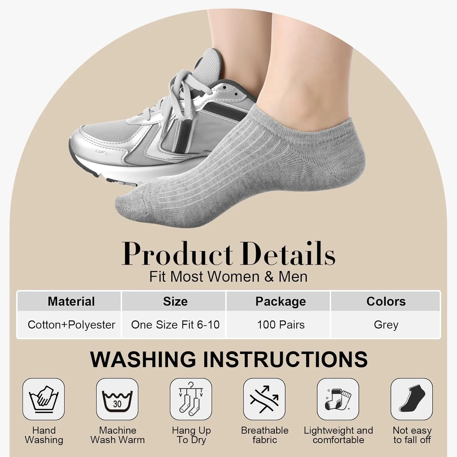 100 Pairs No Show Socks for Women & Men, Invisible Liner, Wicking Breathable Ankle Socks for Sports, Casual