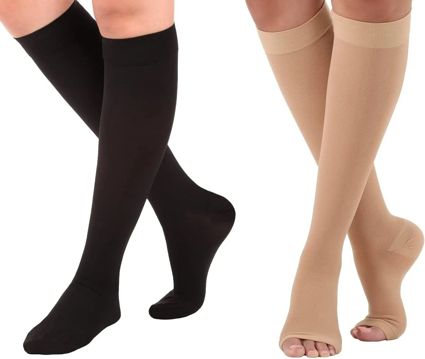 (2 Pairs) Made in USA - Compression Socks Women & Men 30-40mmHg - Knee Hi Unisex Compression Socks for Athletic Sports Running Workout Improving Blood Circulation - Black & Beige, Medium