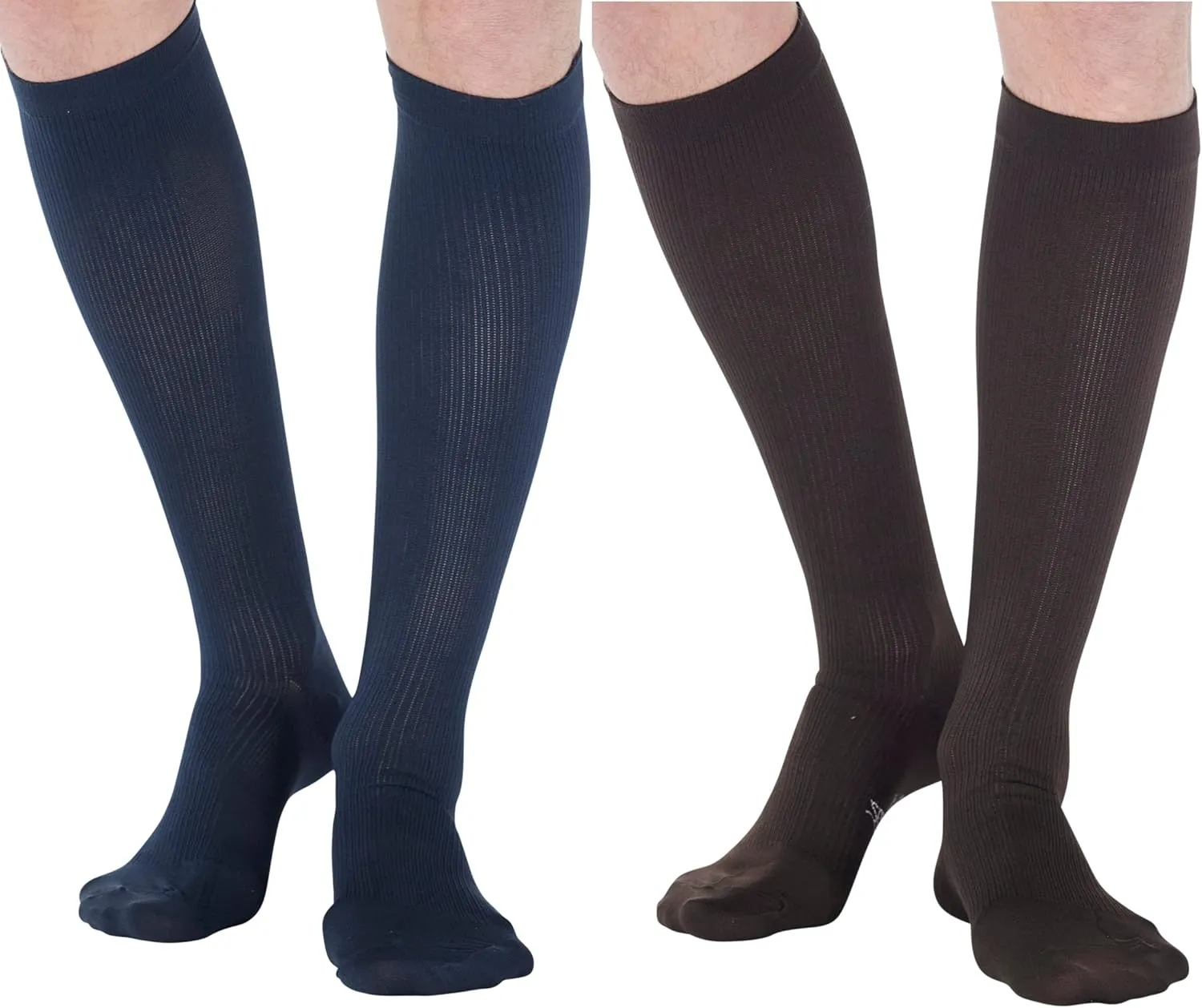 (4 Pairs) Mens Compression Socks 20-30mmHg - Graduated Cotton Compression Hose for Men Work Fly Airplane - Made in USA - Navy & Brown, Large