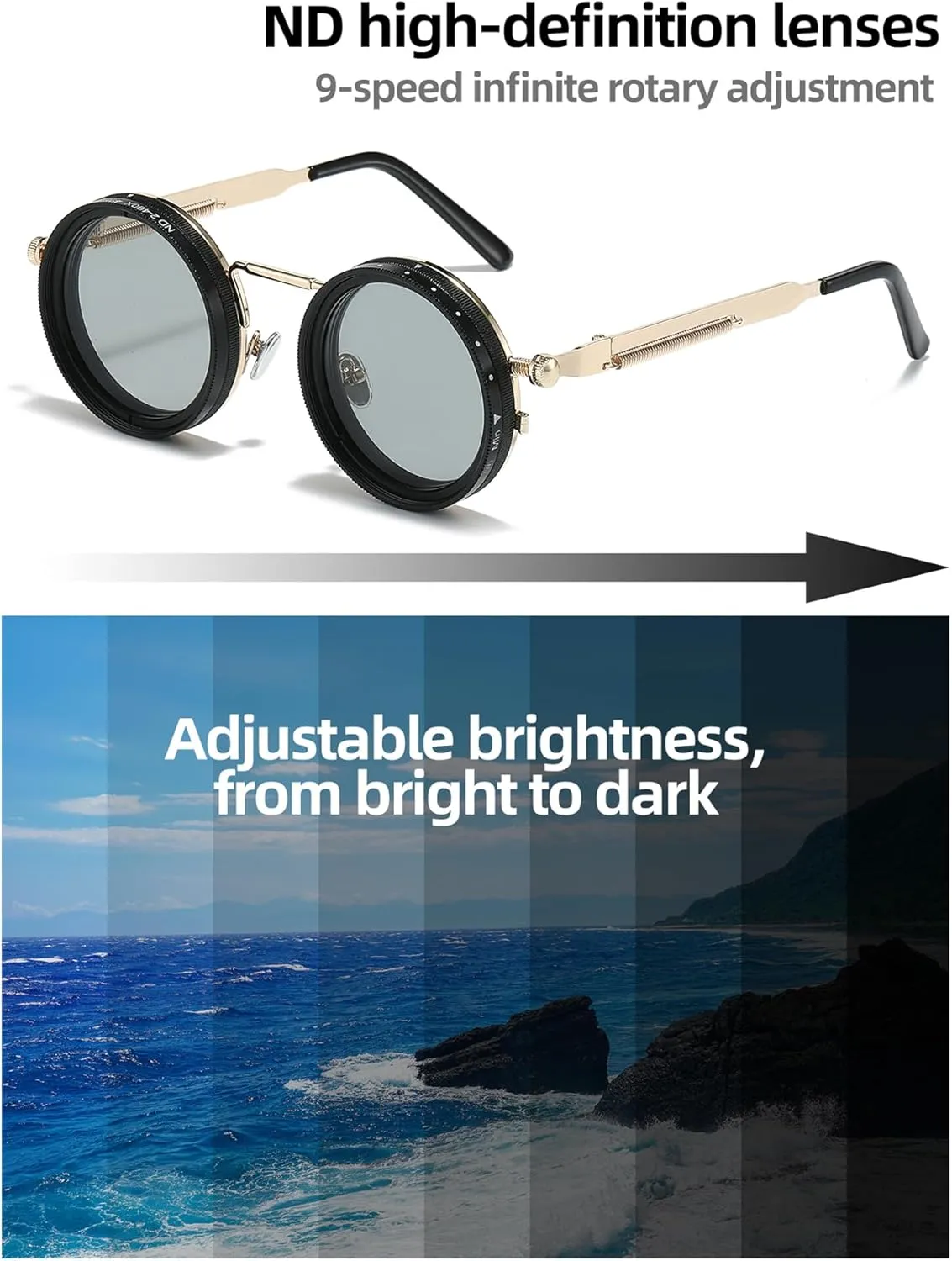 Adjustable Tint Sunglasses, 1-9 Gears Steampunk Retro Metal Round Polarized Glasses with ND Filter Lenses