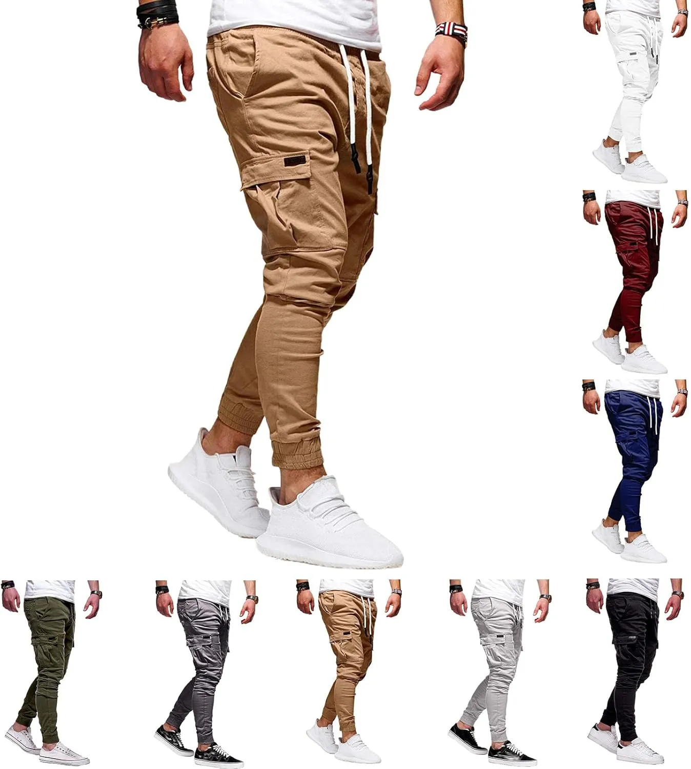 Athletic Joggers Pants for Men Elastic Drawstring Pencil Pants Outdoor Slim Fit Running Trousers with Patch Pockets