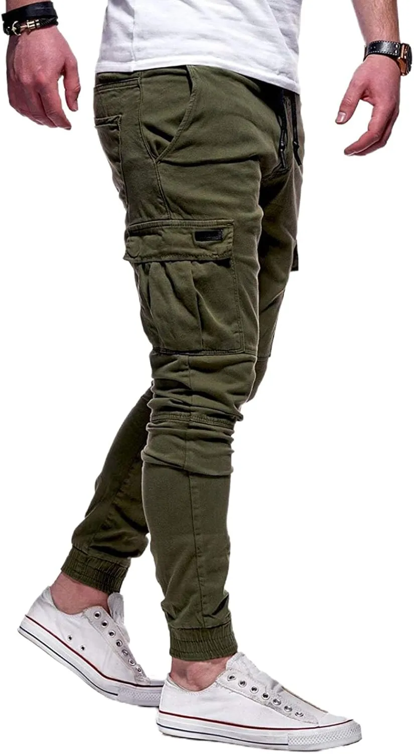 Athletic Joggers Pants for Men Elastic Drawstring Pencil Pants Outdoor Slim Fit Running Trousers with Patch Pockets