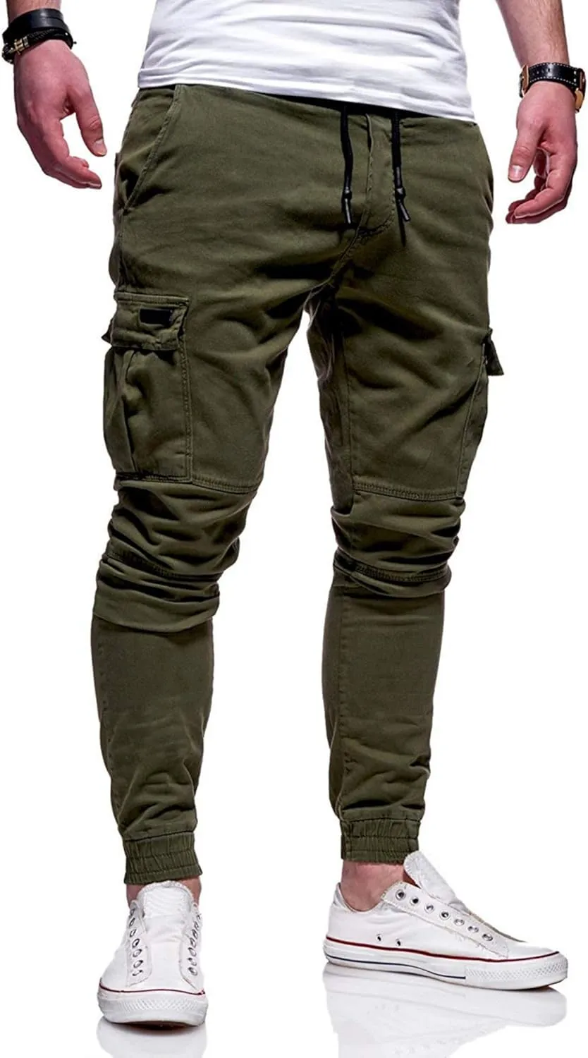 Athletic Joggers Pants for Men Elastic Drawstring Pencil Pants Outdoor Slim Fit Running Trousers with Patch Pockets