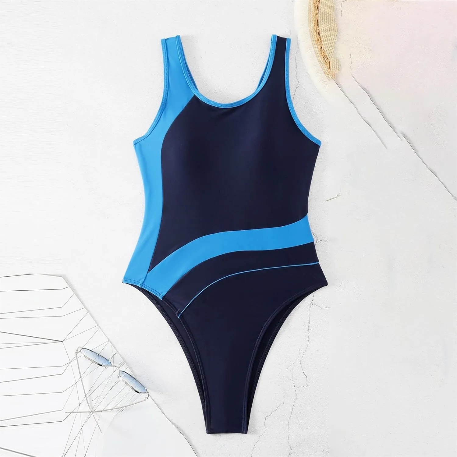 Athletic Swimsuits for Women Tummy Control One Piece Bathing Suits Color Block Backless Slimming Swimwear