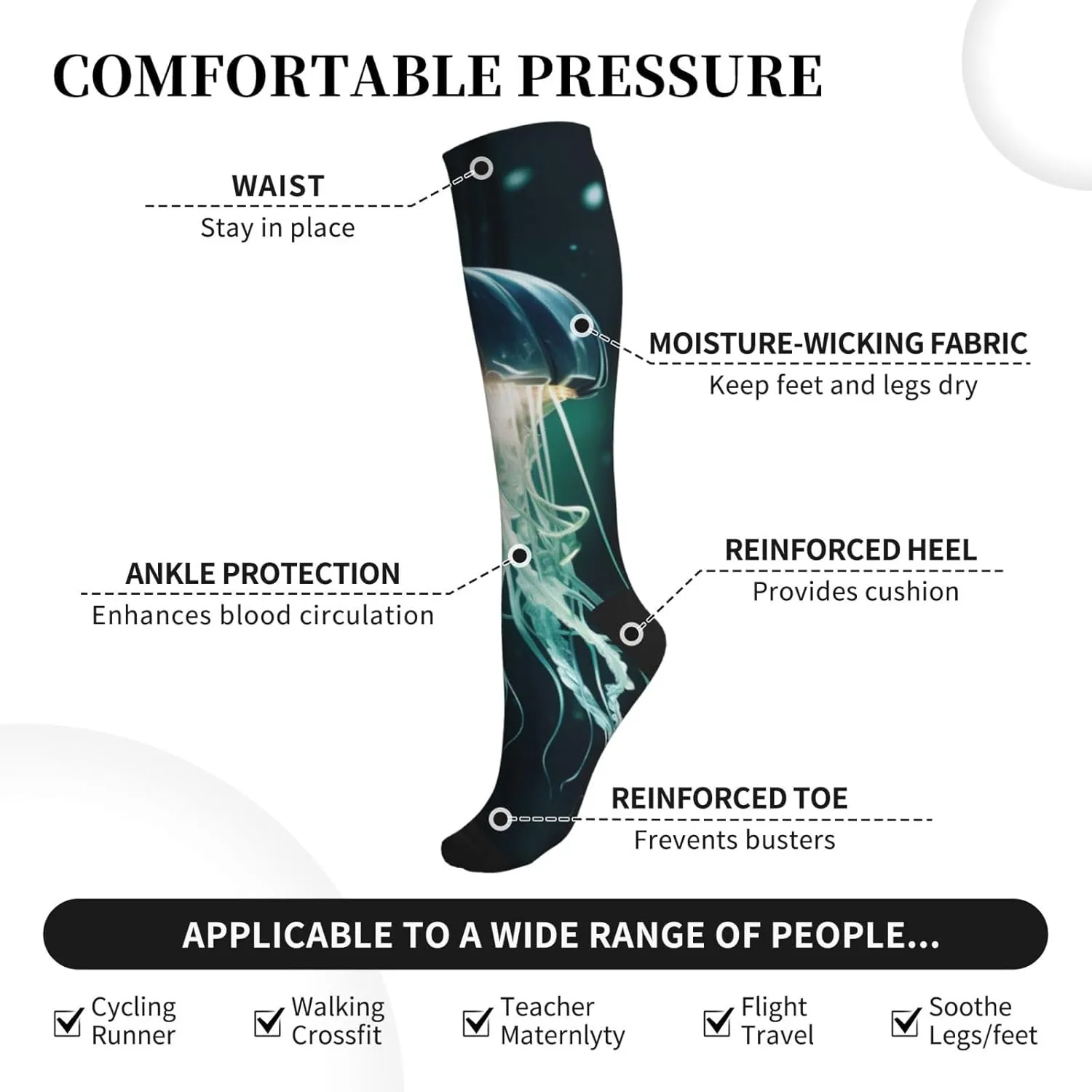 Beautiful Jellyfish Print Circulation Compression Socks For Plantar Fasciitis Edema And Post Surgery
