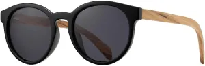Blue Planet Andiz Zebra Wood Round Sunglasses for Women or Men - Retro Black Onyx Frame, Smoke Polarized Glasses