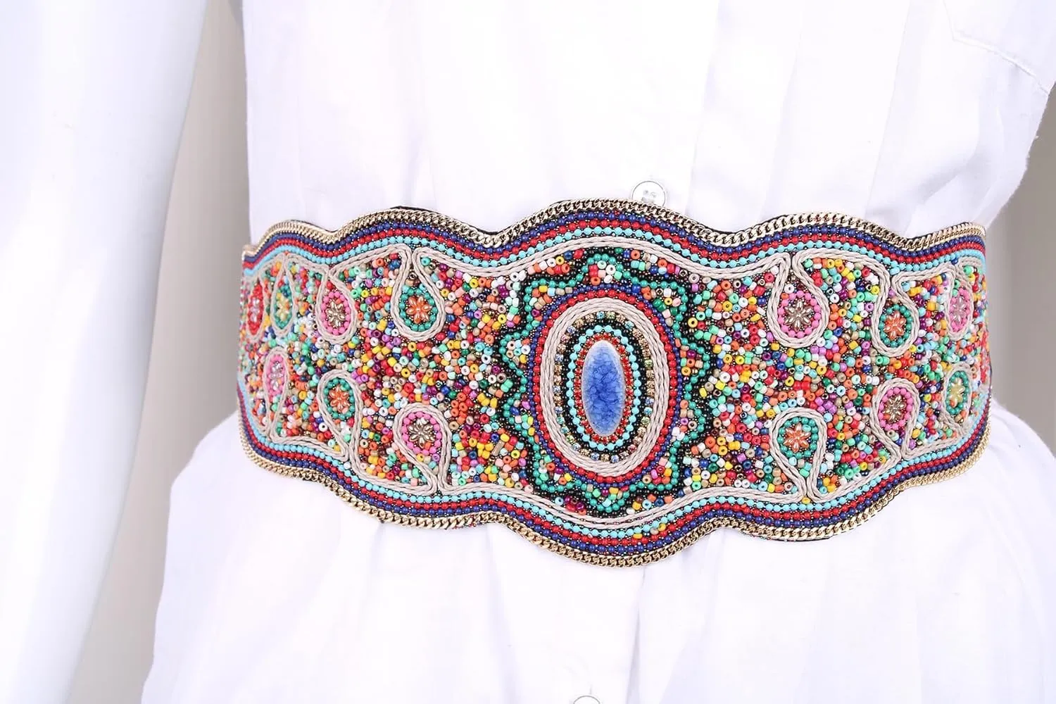 Bohemian Belts for Women Wide Stretch Elastic Waist Belt Body Chain Handmade Beaded Flower Adjustable Belt