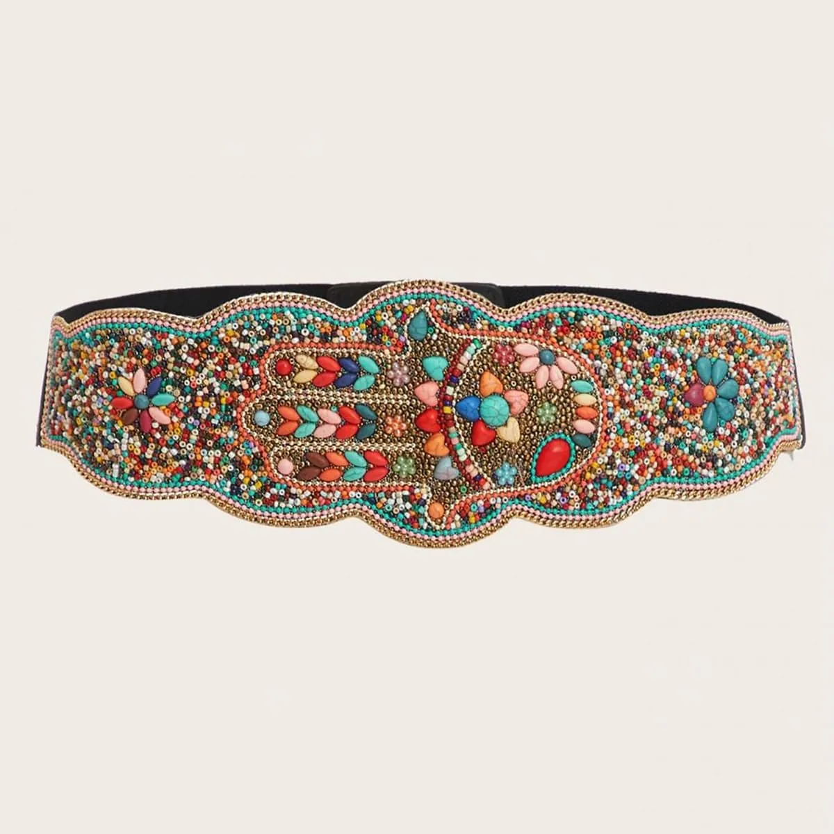 Bohemian Belts for Women Wide Stretch Elastic Waist Belt Body Chain Handmade Beaded Flower Adjustable Belt