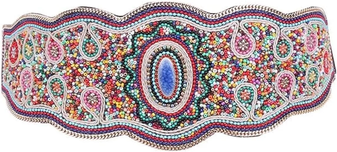 Bohemian Belts for Women Wide Stretch Elastic Waist Belt Body Chain Handmade Beaded Flower Adjustable Belt