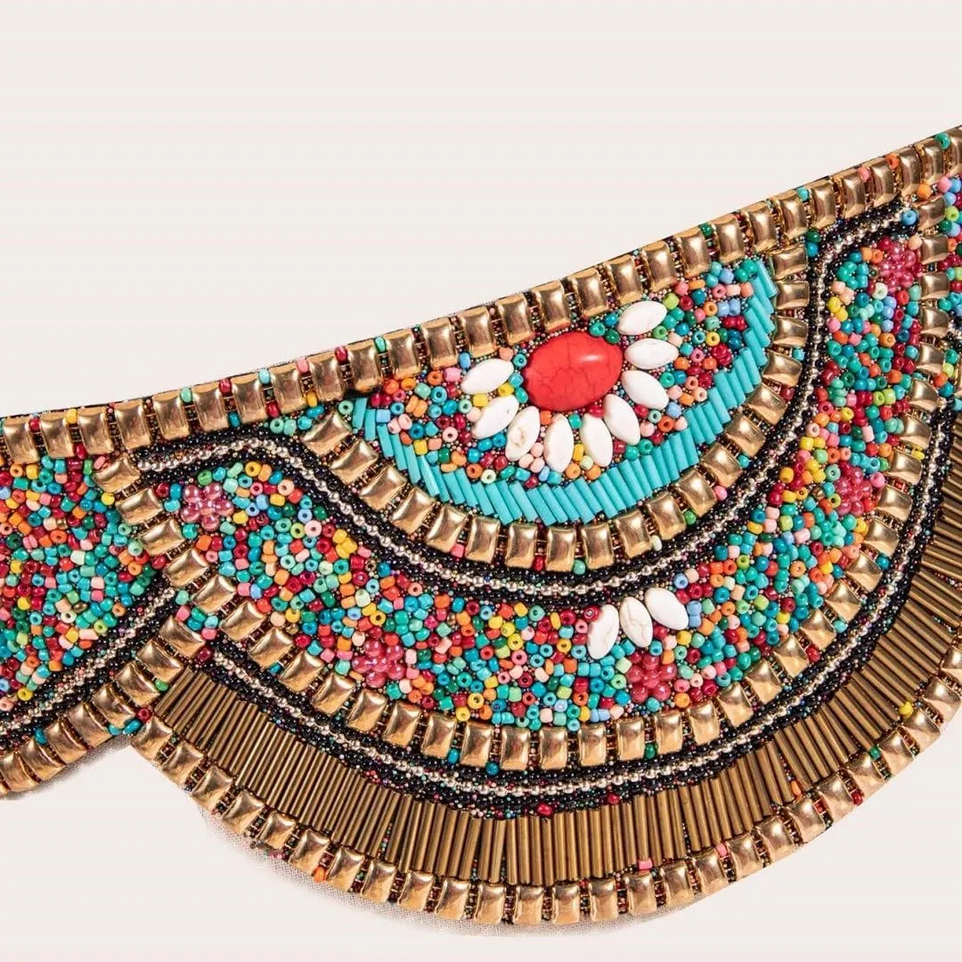 Bohemian Belts for Women Wide Stretch Elastic Waist Belt Body Chain Handmade Beaded Flower Adjustable Belt