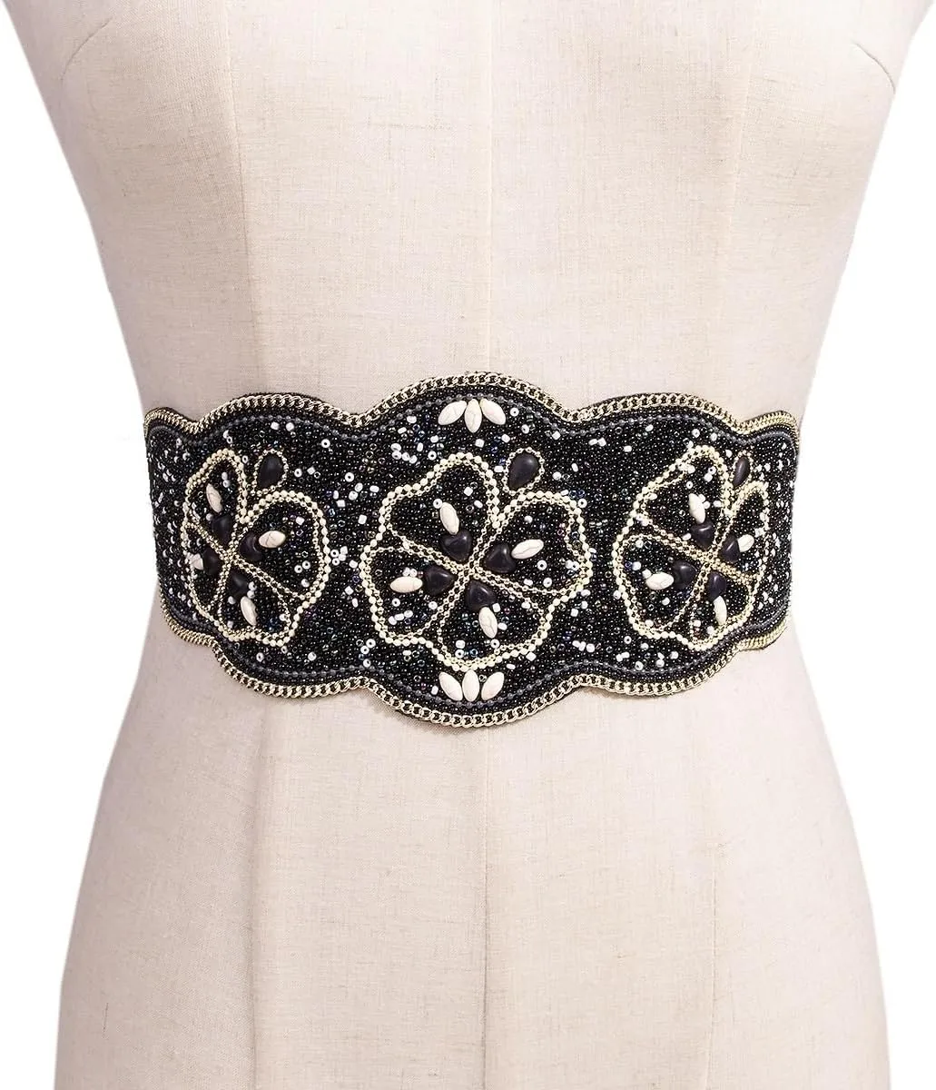 Bohemian Belts for Women Wide Stretch Elastic Waist Belt Body Chain Handmade Beaded Flower Adjustable Belt