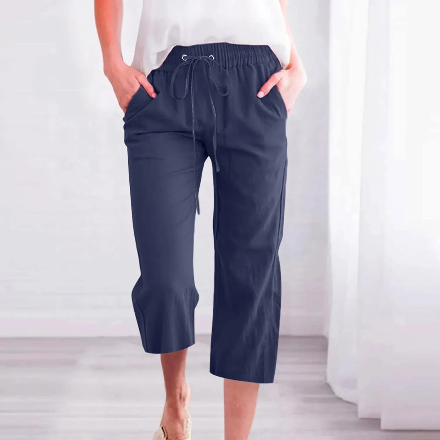 Capri Pants for Women 2024 High Waisted Cotton Linen Lounge Pants Straight Leg Drawstring Trousers with Pockets