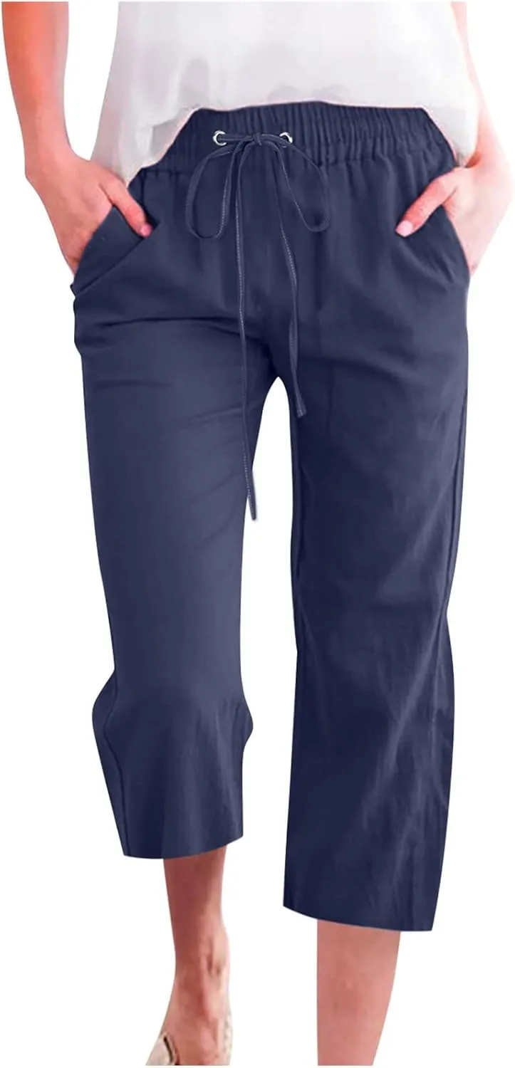 Capri Pants for Women 2024 High Waisted Cotton Linen Lounge Pants Straight Leg Drawstring Trousers with Pockets