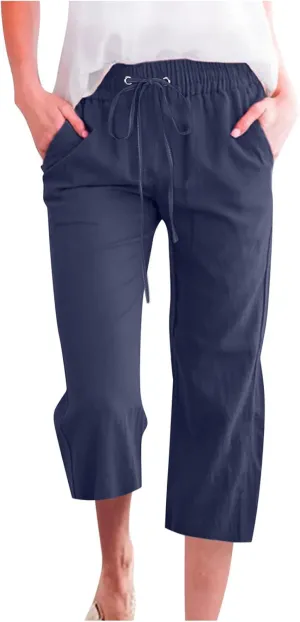 Capri Pants for Women 2024 High Waisted Cotton Linen Lounge Pants Straight Leg Drawstring Trousers with Pockets