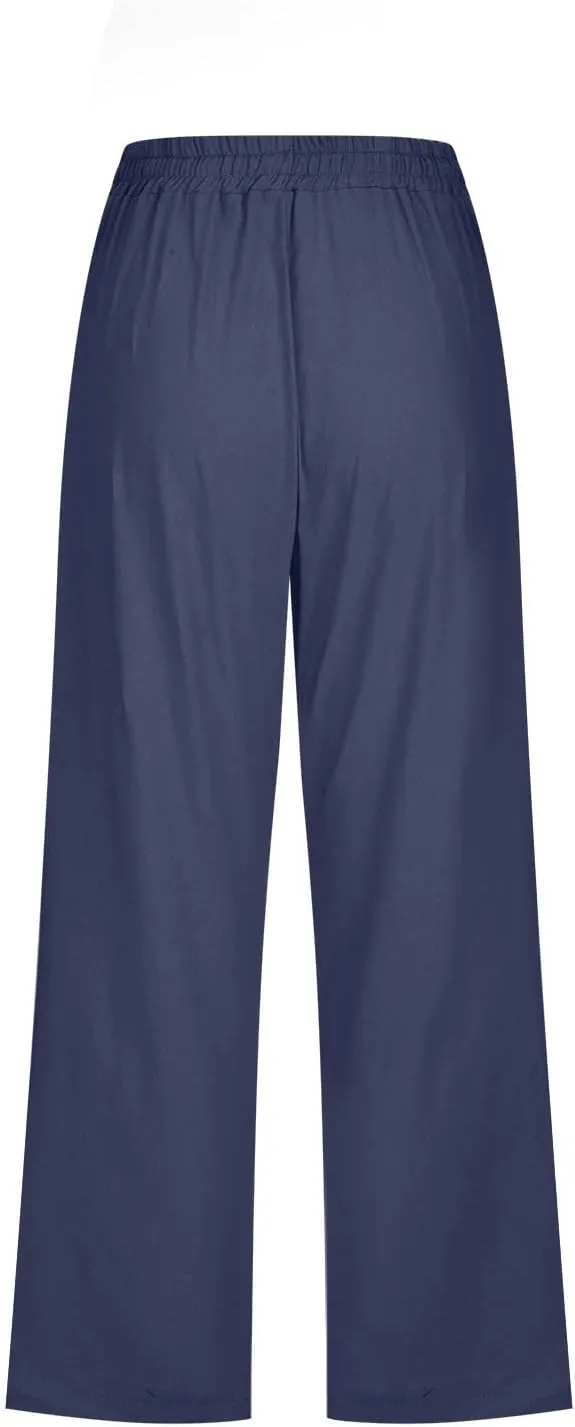 Capri Pants for Women 2024 High Waisted Cotton Linen Lounge Pants Straight Leg Drawstring Trousers with Pockets