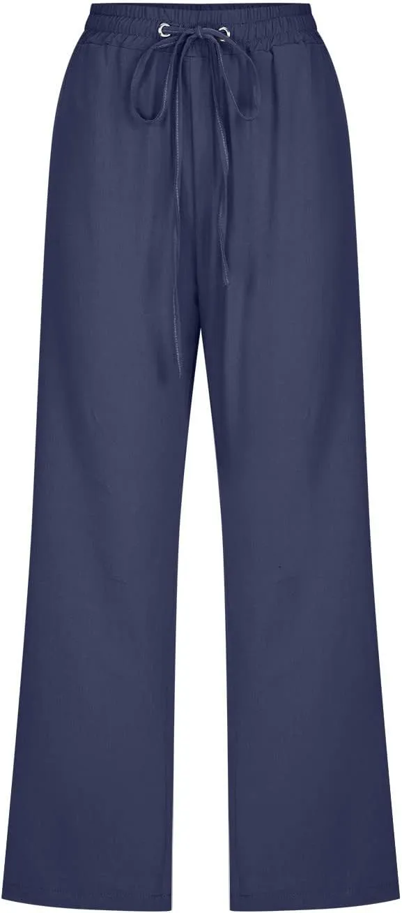 Capri Pants for Women 2024 High Waisted Cotton Linen Lounge Pants Straight Leg Drawstring Trousers with Pockets