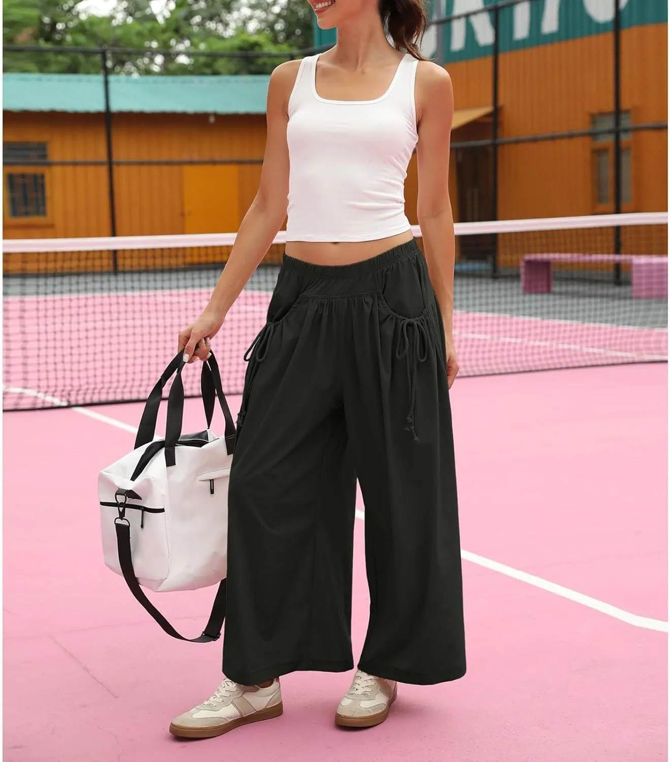 Capri Track Pants for Women Summer Pocket Drawstring Wide Leg Elastic Waist Loose Casual Vacation Trousers 2025