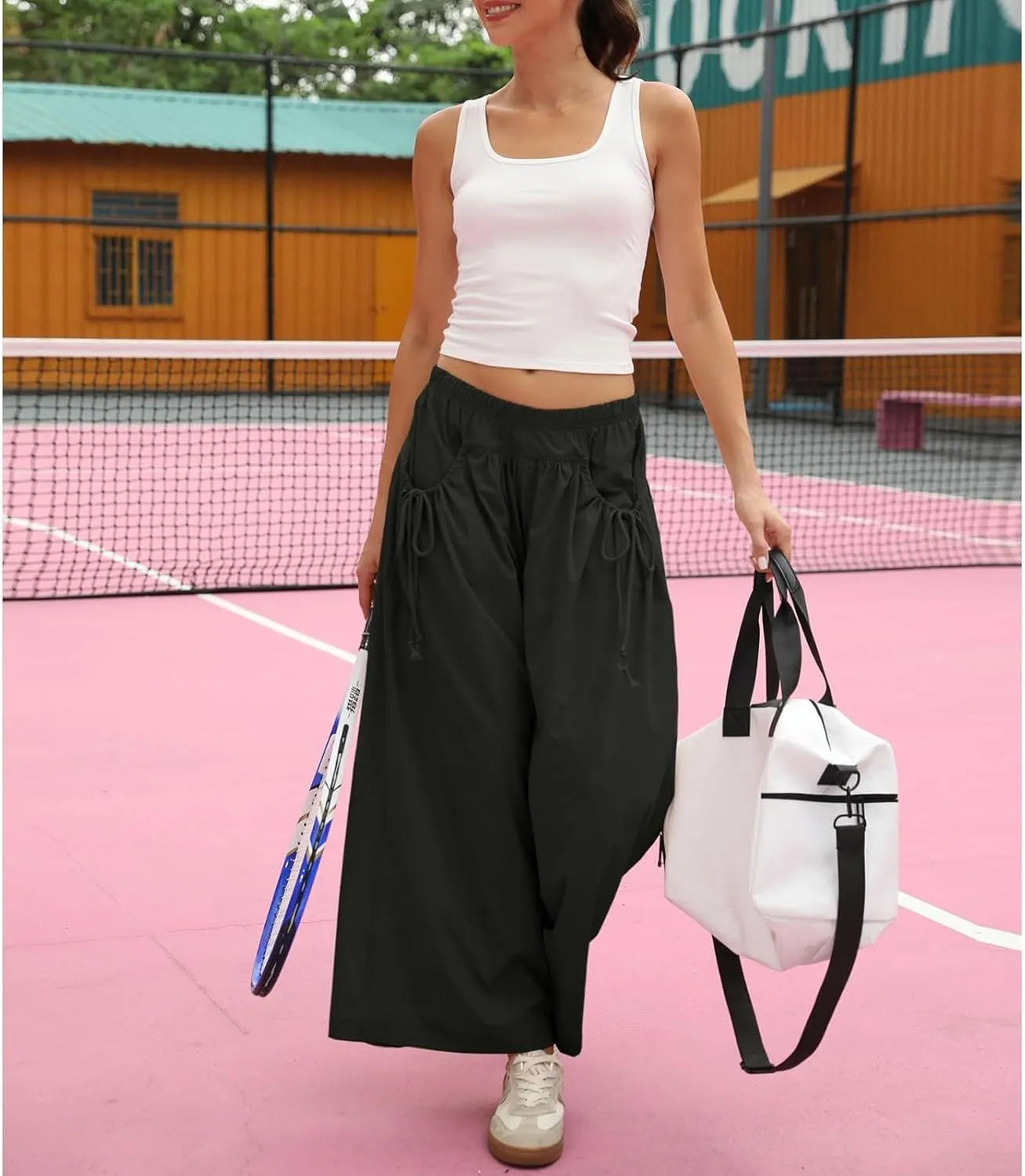 Capri Track Pants for Women Summer Pocket Drawstring Wide Leg Elastic Waist Loose Casual Vacation Trousers 2025