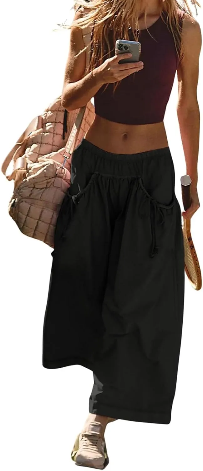 Capri Track Pants for Women Summer Pocket Drawstring Wide Leg Elastic Waist Loose Casual Vacation Trousers 2025