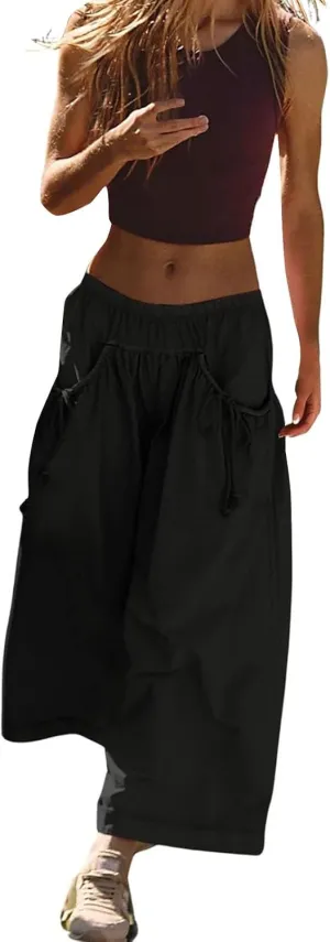 Capri Track Pants for Women Summer Pocket Drawstring Wide Leg Elastic Waist Loose Casual Vacation Trousers 2025