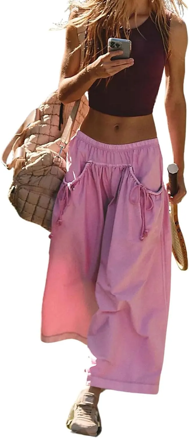 Capri Track Pants for Women Summer Pocket Drawstring Wide Leg Elastic Waist Loose Casual Vacation Trousers 2025