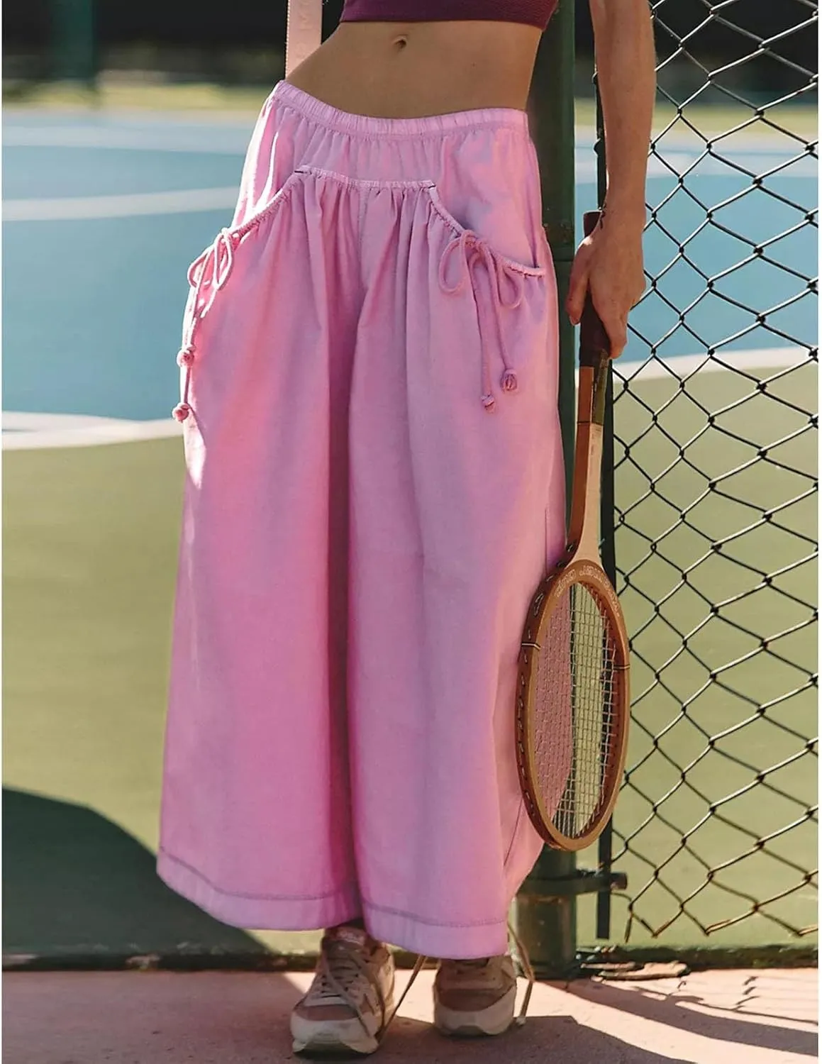 Capri Track Pants for Women Summer Pocket Drawstring Wide Leg Elastic Waist Loose Casual Vacation Trousers 2025