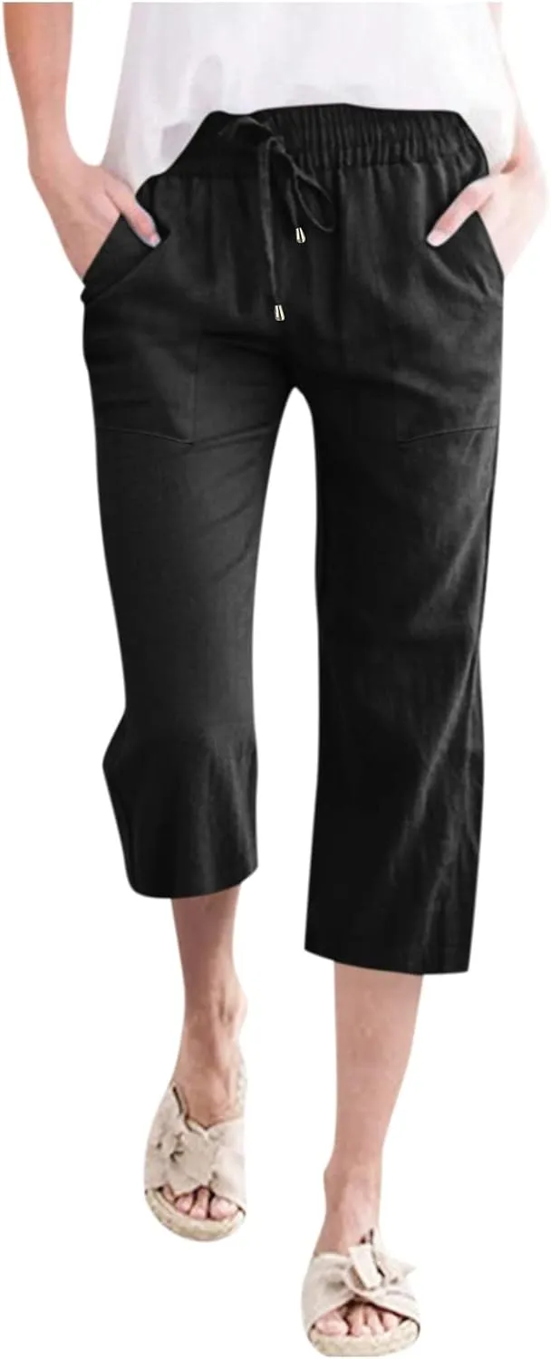 Capris Pants for Women Cotton Linen Casual Summer Straight Leg Loose Drawstring Elastic Waist Cropped Trousers