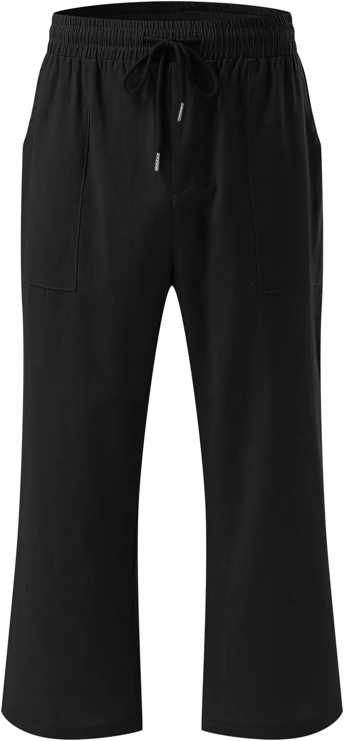 Capris Pants for Women Cotton Linen Casual Summer Straight Leg Loose Drawstring Elastic Waist Cropped Trousers
