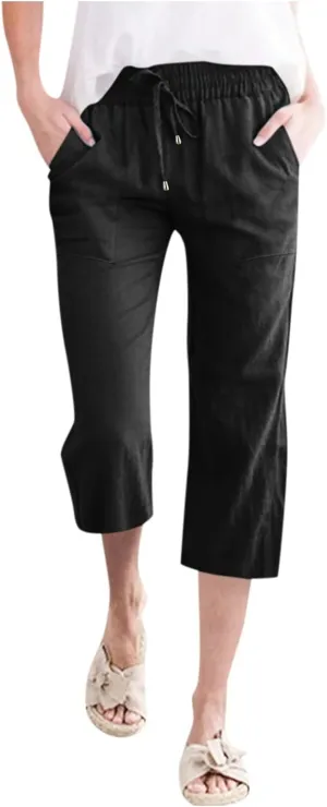 Capris Pants for Women Cotton Linen Casual Summer Straight Leg Loose Drawstring Elastic Waist Cropped Trousers