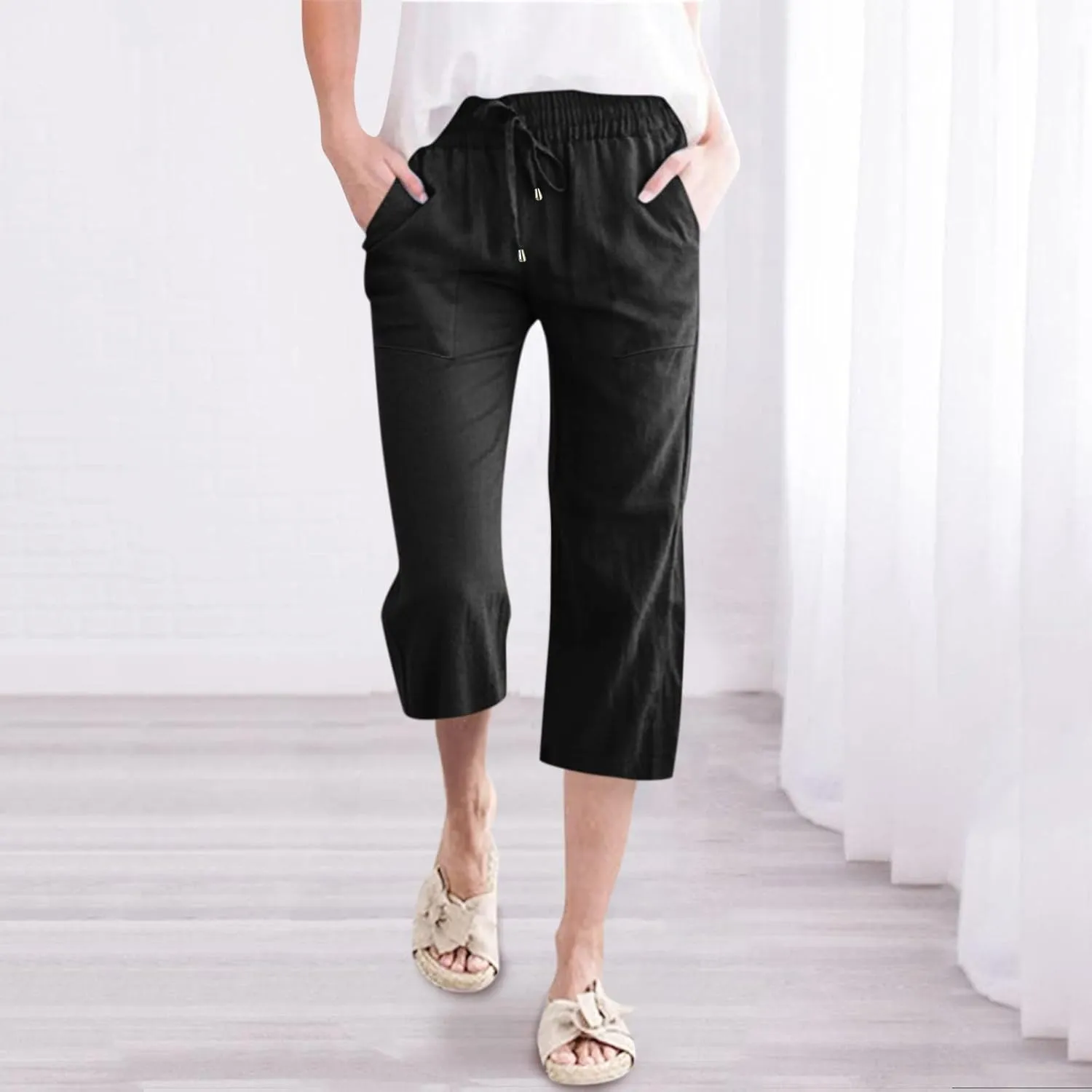Capris Pants for Women Cotton Linen Casual Summer Straight Leg Loose Drawstring Elastic Waist Cropped Trousers
