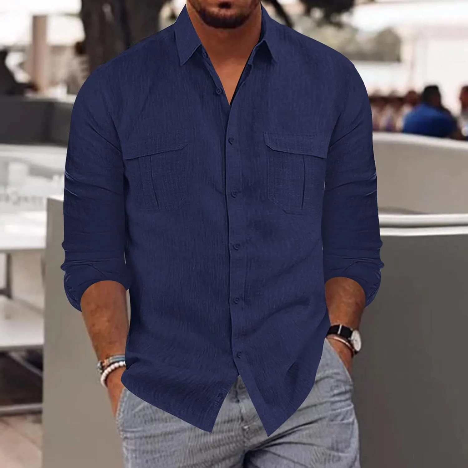 Cargo Shirts for Men Construction Work Shirts Button Up UV Long Sleeve Sun Protection Tactical Hiking Fishing Shirt