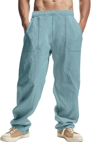 Casual Cotton Linen Pants for Men Elastic Drawstring Basic Pants Moisture Wicking Baggy Trousers Relaxed Fit Trousers
