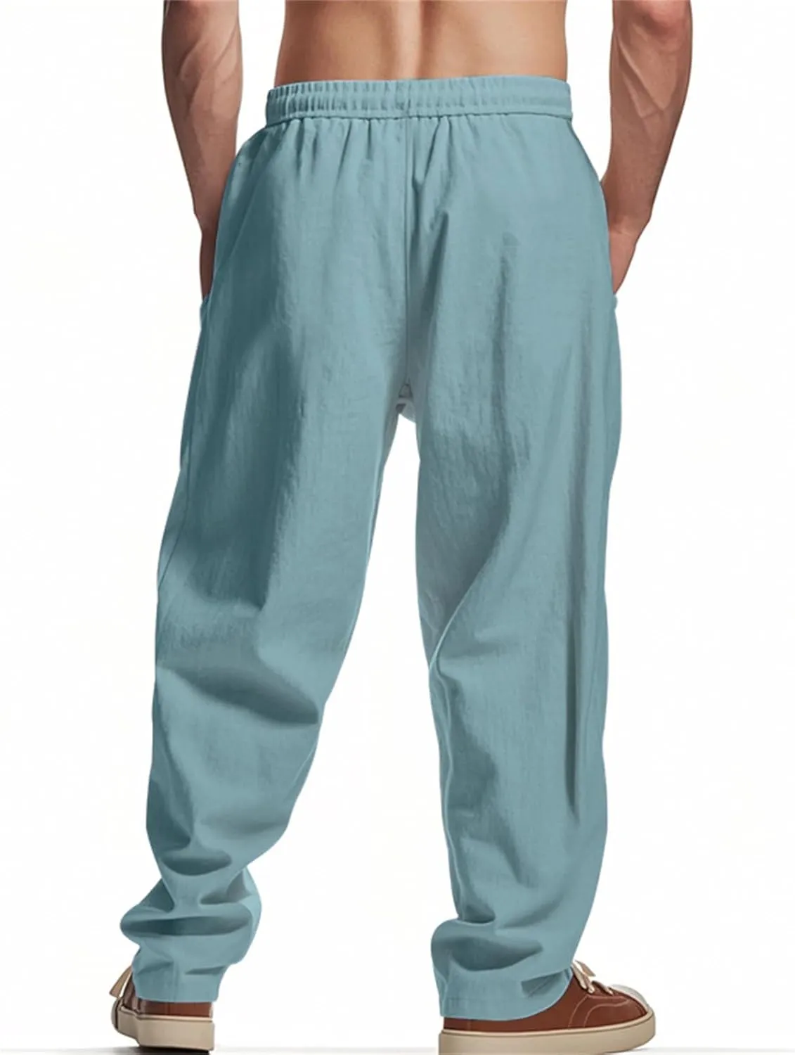 Casual Cotton Linen Pants for Men Elastic Drawstring Basic Pants Moisture Wicking Baggy Trousers Relaxed Fit Trousers