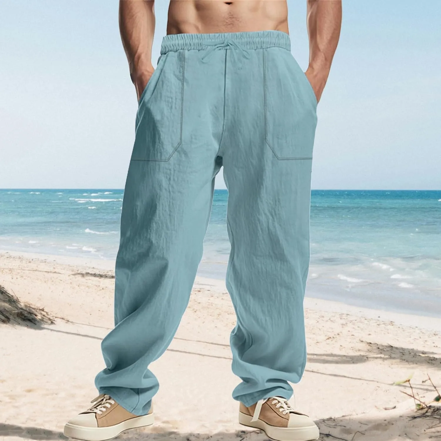 Casual Cotton Linen Pants for Men Elastic Drawstring Basic Pants Moisture Wicking Baggy Trousers Relaxed Fit Trousers