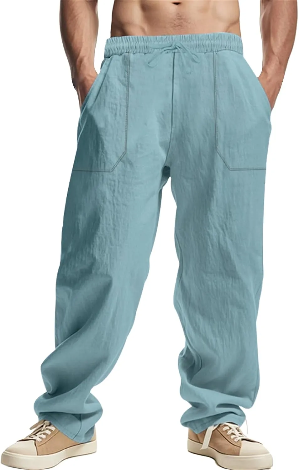 Casual Cotton Linen Pants for Men Elastic Drawstring Basic Pants Moisture Wicking Baggy Trousers Relaxed Fit Trousers