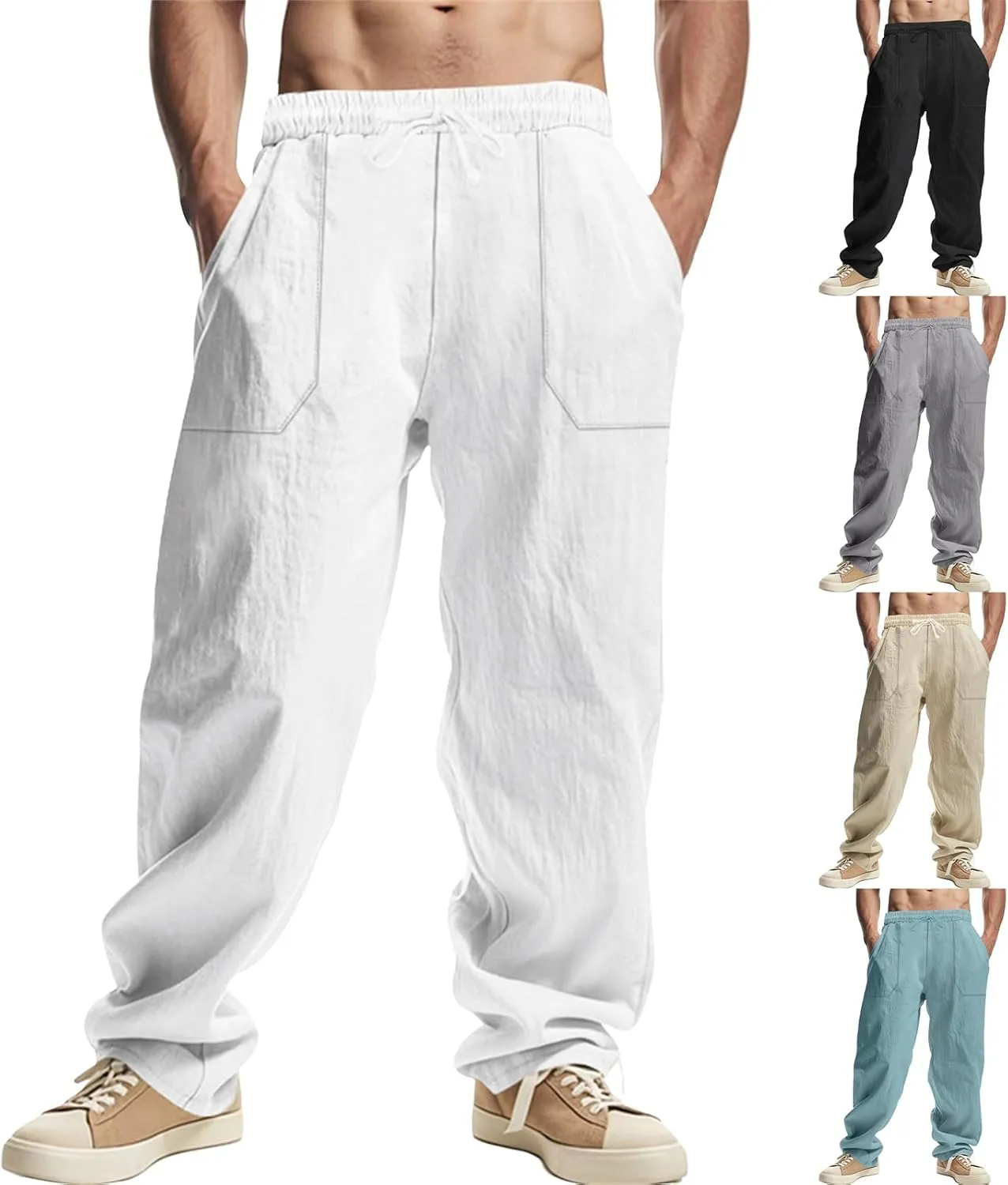 Casual Cotton Linen Pants for Men Elastic Drawstring Basic Pants Moisture Wicking Baggy Trousers Relaxed Fit Trousers