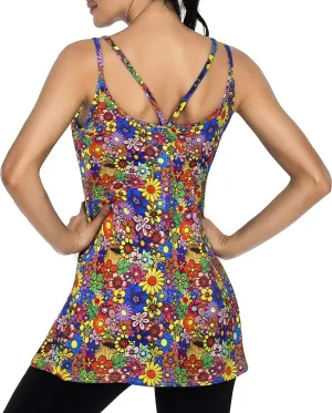 Cestyle Spaghetti Straps Camisole with Built-in Padded Shelf Bra for Women Dressy Casual, Scoop Neck Tunic Length Tank Tops
