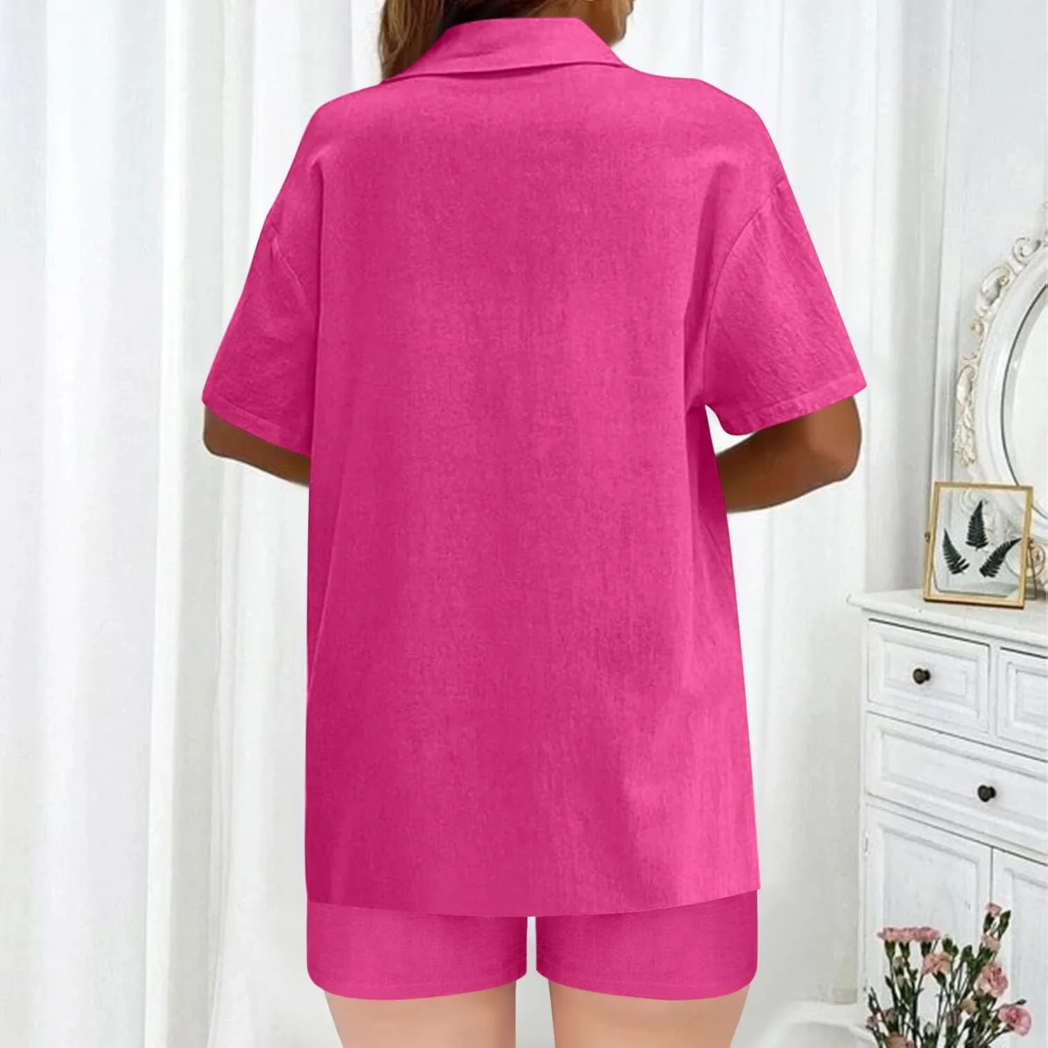 Cotton Linen Outfits for Women 2 Piece Sets Short Sleeve Button Dwon Shirt and Short Pockets Casual Loose Top Summer