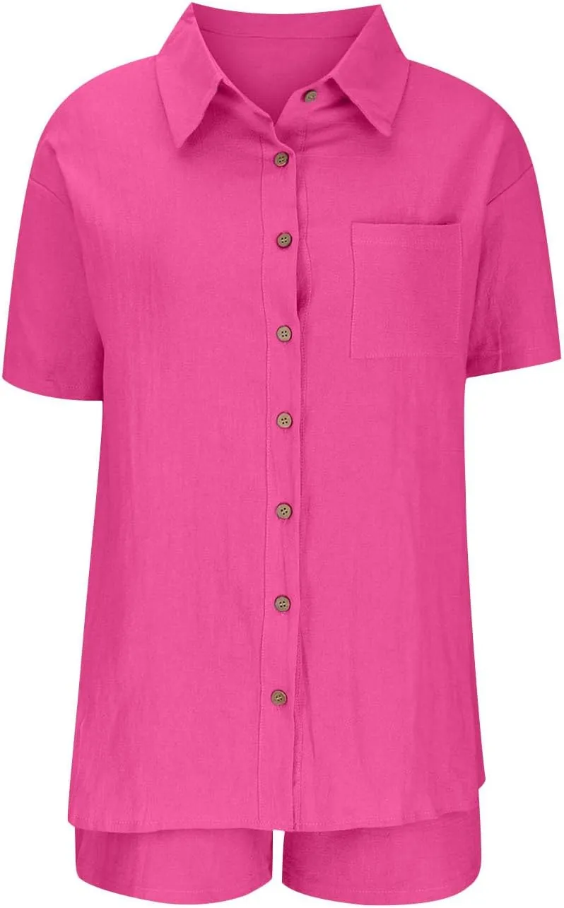 Cotton Linen Outfits for Women 2 Piece Sets Short Sleeve Button Dwon Shirt and Short Pockets Casual Loose Top Summer