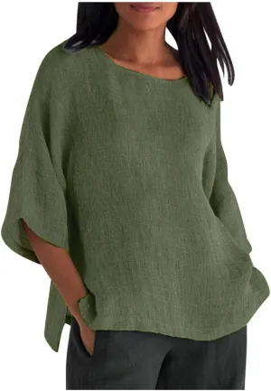 Cotton Linen Shirt Women Summer Half Sleeve Tops Solid Color Blouses Tunic Casual Loose Fitted Blouse 2025
