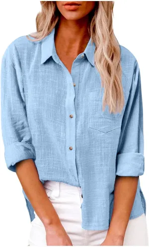 Cotton Linen Shirts for Women 2025 Spring Summer Tops Button Down Blouses with Chest Pocket Solid Shirts Plus Size