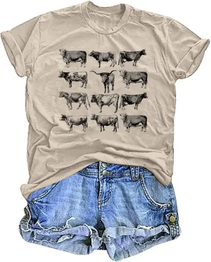 Cow Shirts Women Cattle Cowgirl T-Shirt Funny Animal Graphic Tee Vintage Western T Shirt Farm Life Tops