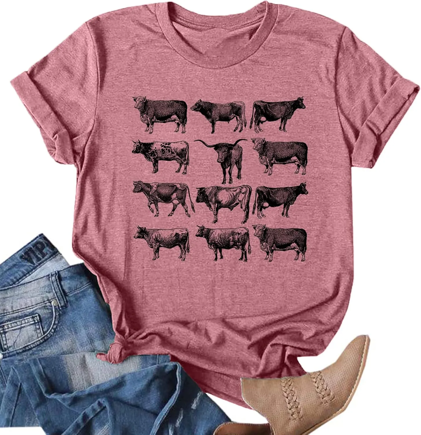 Cow Shirts Women Cattle Cowgirl T-Shirt Funny Animal Graphic Tee Vintage Western T Shirt Farm Life Tops