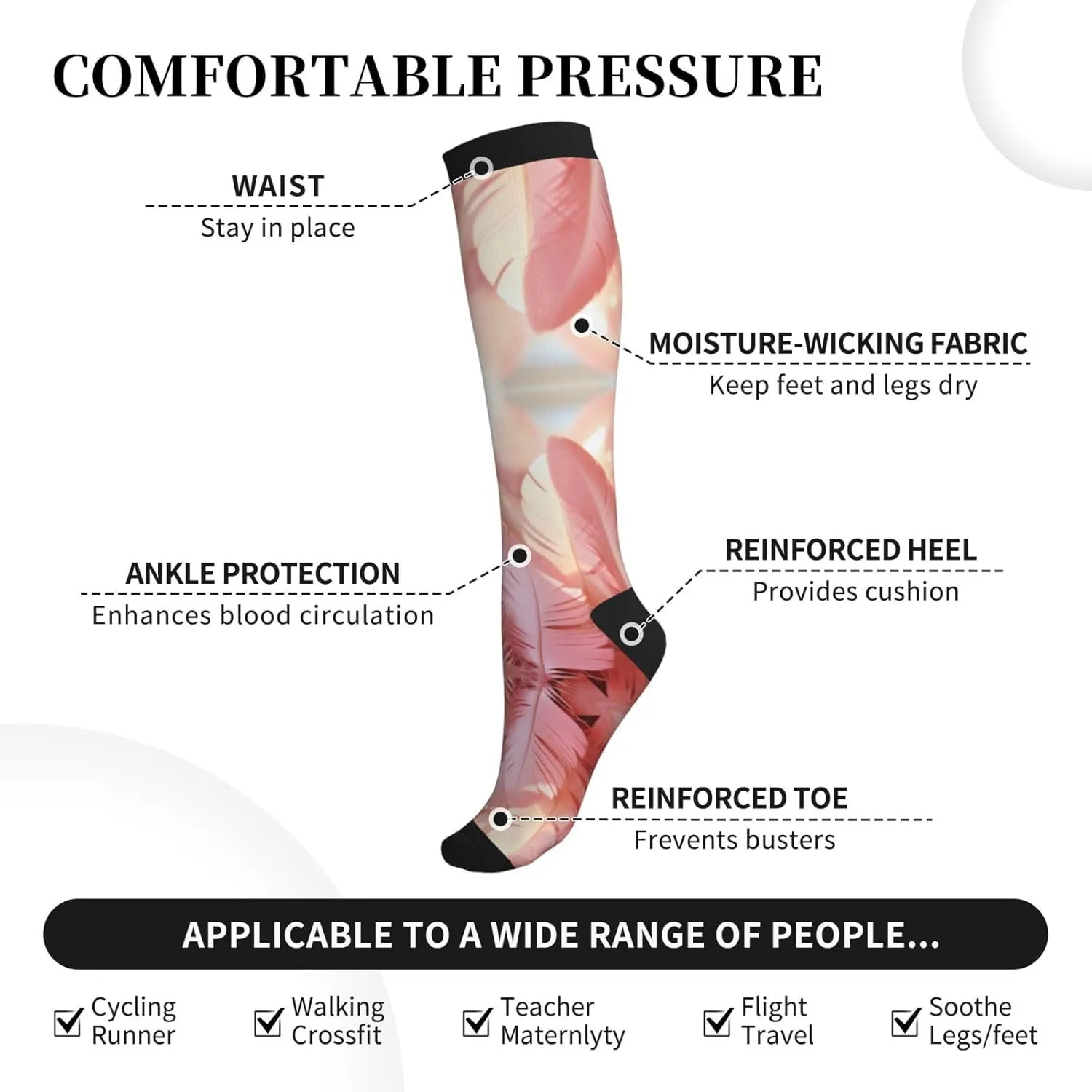 Dancing Feather Print Circulation Compression Socks For Plantar Fasciitis Edema And Post Surgery