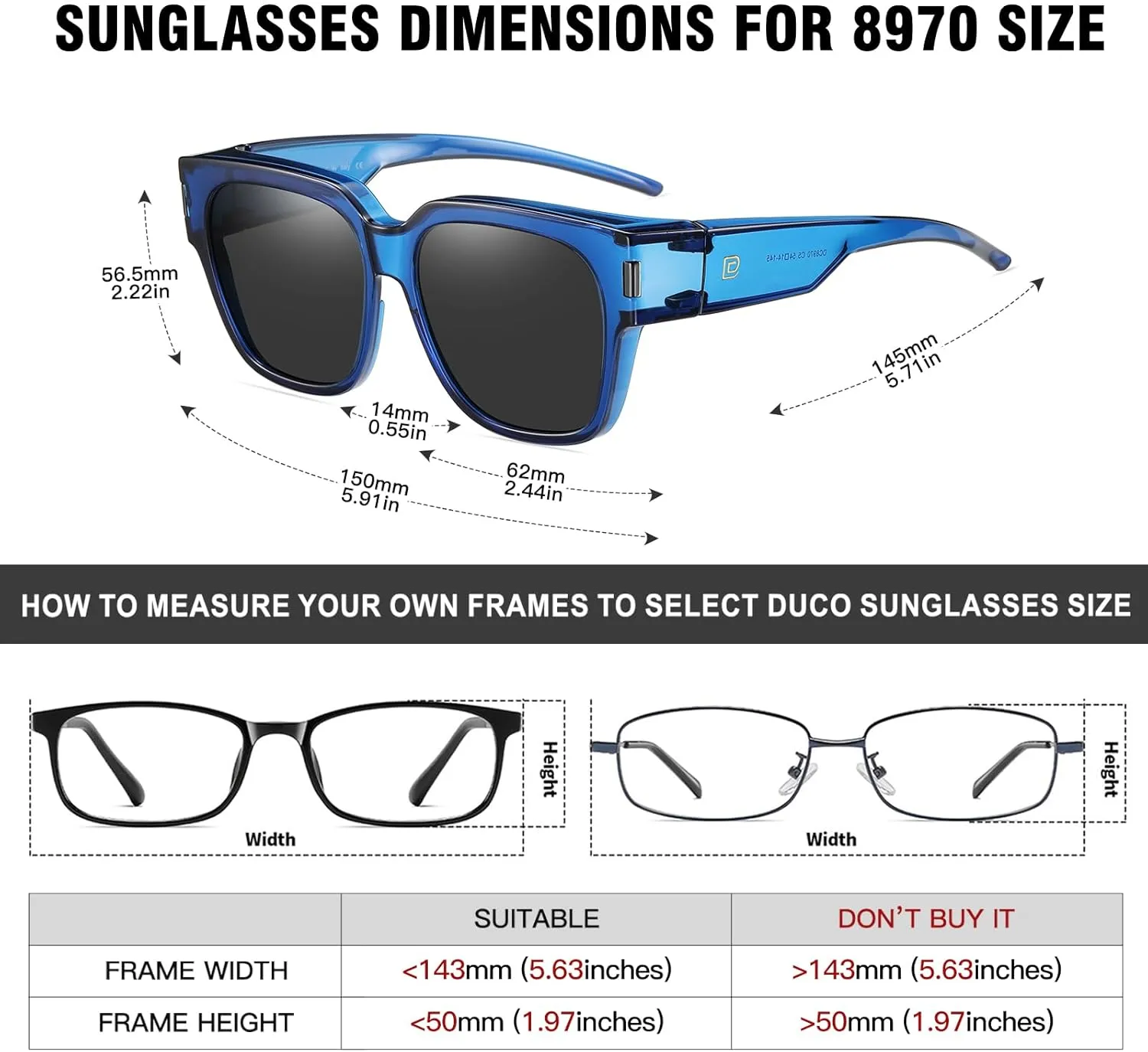 DUCO Fit Over Sunglasses Wraparound Sunglasses Polarized Over Glasses Sunglasses For Men Women UV Protection DC8970