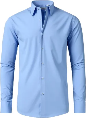 FAHIZO Men's Dress Shirt Casual Regular Fit Stretch Soild Long Sleeve Button Up Shirts