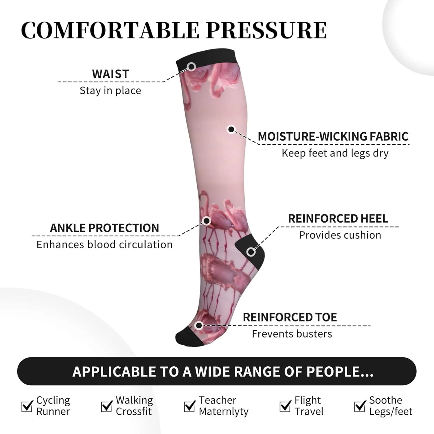 flamingos1 Print Circulation Compression Socks For Plantar Fasciitis Edema And Post Surgery