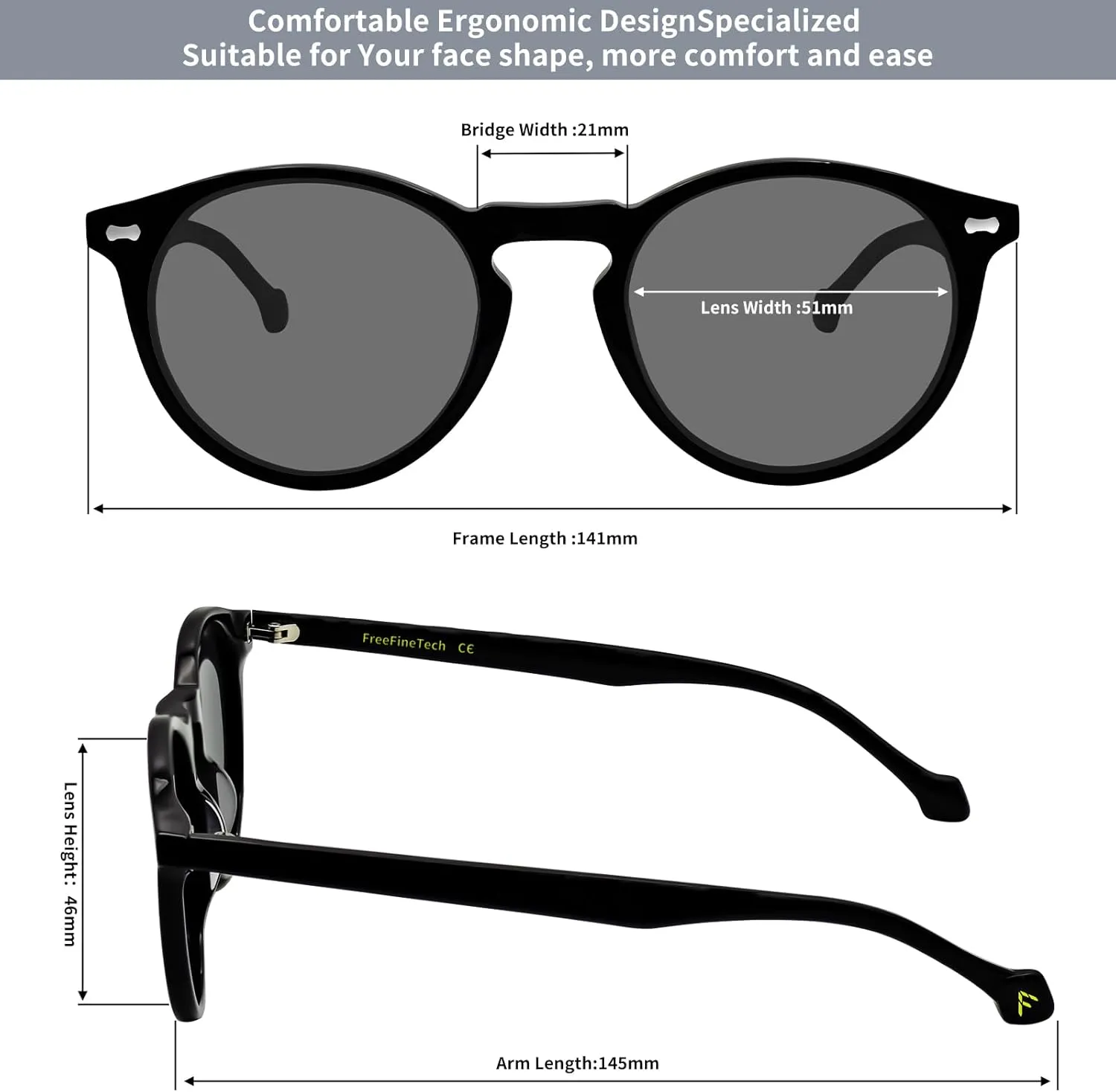 FreeFineTech Polarized Sunglasses UV400 Protection Acetate Frame Metal Vintage Round Sunglasses for Men and Women